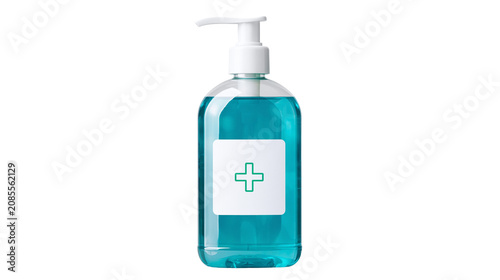 Fotografie Clear plastic pump bottle with blue liquid and white label with green cross
