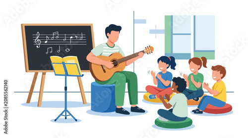 Male teacher playing acoustic guitar for diverse group of children in music classroom flat vector illustration