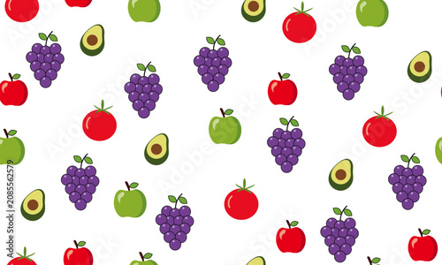 Seamless Pattern Illustration of Various Fruits and Vegetables Including Red and Green Apples, Purple Grapes, Tomatoes, and Avocado Slices.