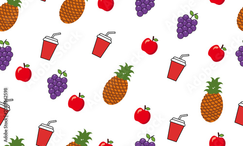 Seamless Pattern Illustration with Colorful Vector Icons of Pineapples, Red Apples, Purple Grapes, and Red Soda Cups with Straws on a White Backdrop