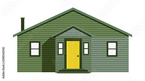 Green wooden house with yellow door and chimney