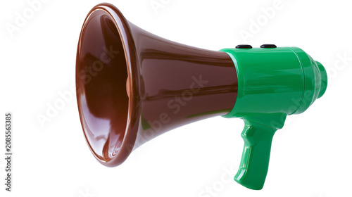 Brown and green plastic megaphone with two buttons