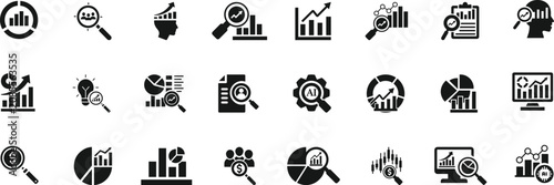 A collection of black representing data analysis, business growth, financial charts, magnifying glasses, market research, and strategic planning on a white background