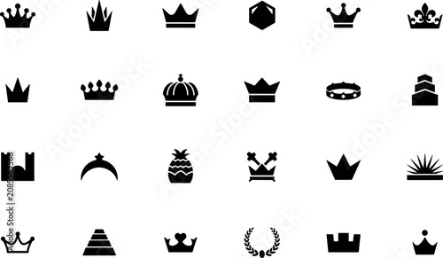 Photos Majestic set of twenty four black crown and heraldic silhouette icons neatly arranged on a high contrast white background