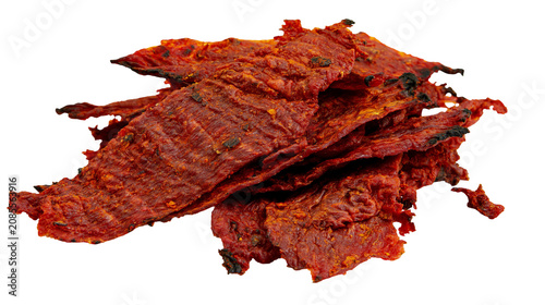 Tableau sur toile Spicy beef jerky strips pile, dried meat snack
