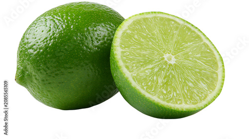 Whole and halved green lime citrus fruit
