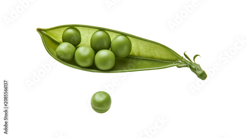 Konstfotografi Open pea pod with green peas inside and one pea outside