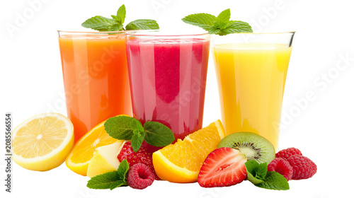 Three glasses of colorful fruit juices with fresh fruits and mint leaves
