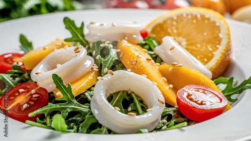 Fresh Calamari Salad with Orange and Arugula. Seafood dish with citrus and tomatoes, ideal for healthy eating content.