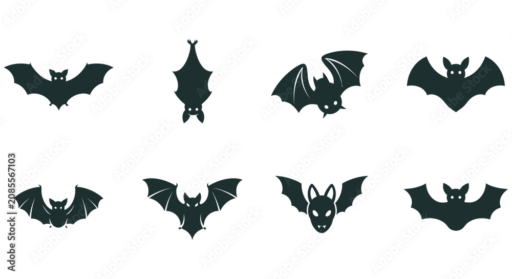 Fototapeta premium Bat Silhouettes Collection Black Shapes On White Background bats flying