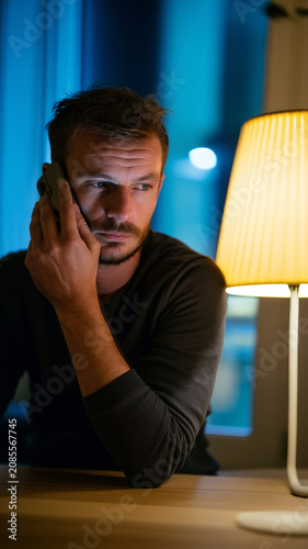 Serious Man Talking on Smartphone at Night in Modern Apartment