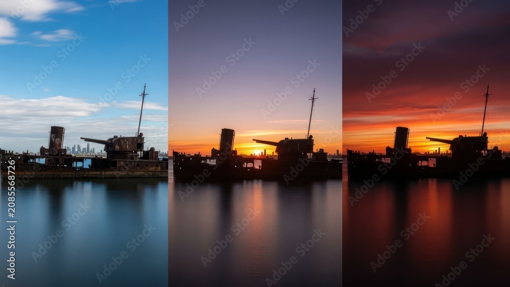 Obraz premium Abandoned Warship Silhouette at Sunset and Daylight with Reflections
