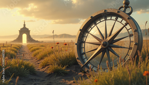 compass resting in a grassy field leading towards an archway in the distance, representing exploration and guidance