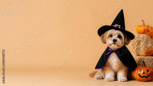 Adorable Puppy in Witch Costume with Halloween Pumpkins and Hay Bales on Orange Background