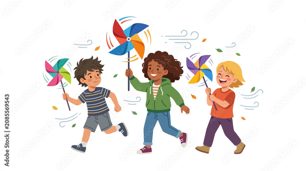Fototapeta premium Happy Children Running Outdoors with Colorful Pinwheels