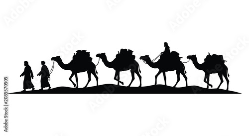 Tableau sur toile Camel caravan silhouette against a white background desert travel scene
