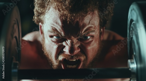 Intense gym workout.  Focused male lifter pushing limits.  Fierce determination in the face of heavy weight