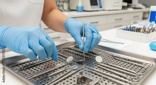 Close-up of a dentist or dental assistant's hands in blue latex medical gloves sorting or picking up stainless steel professional dental tools from a metallic sterilization tray
