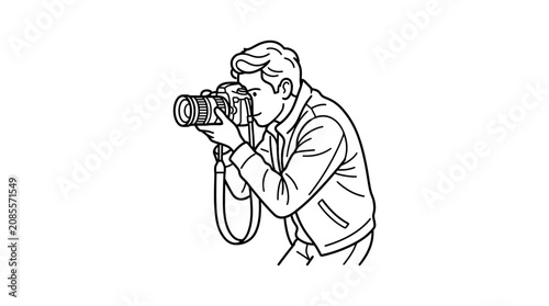 Foto Man Photographer Holding DSLR Camera, Taking Picture, Vector Line Art Illustrati