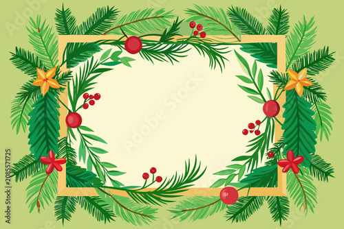 Christmas frame with fir tree branches holly berries and star ornaments christmas branches ornaments