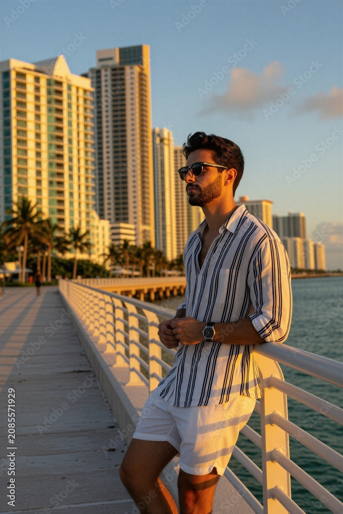 Fototapeta premium Young man stands on pier at sunset near Miami skyline. He wears sunglasses and a striped shirt, looking out at the ocean. Buildings and palm trees are in background. Water reflects golden hour light.