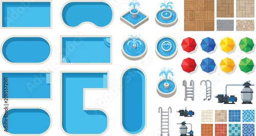 Swimming pool construction kit with various shapes fountains umbrellas ladders and tile textures in flat vector style