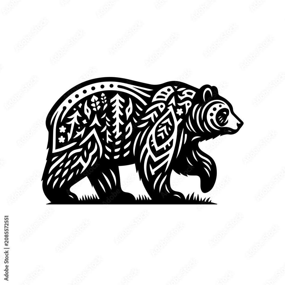 Obraz premium Black bear with tribal tattoo standing on grass