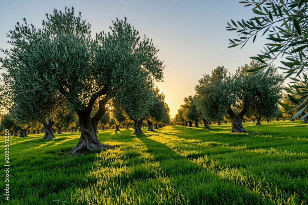 Obraz premium Row of ancient olive trees in green field. Sunlight shines on grass and twisted trunks. Warm golden hour light illuminates grove. Blue sky at dawn or dusk.