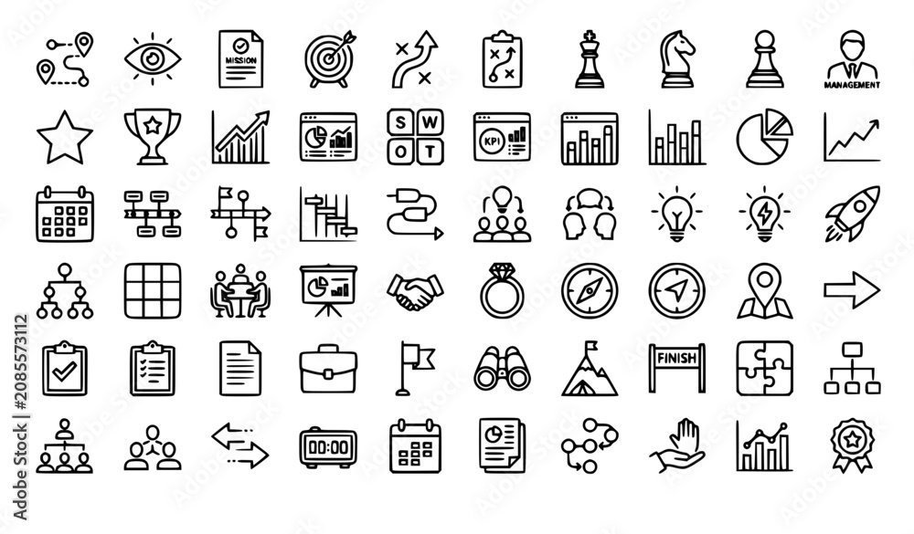 Fototapeta premium Business Strategy and Strategic Planning Thin Line Icon Set with Roadmap Vision Goal Management and Success Symbols