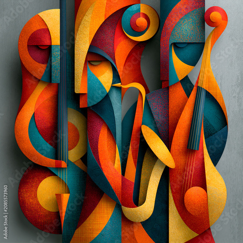 abstract music ensemble illustration in warm colors, warm abstract orchestra illustration with vibrant shapes, colorful musical ensemble abstract artwork with flowing forms