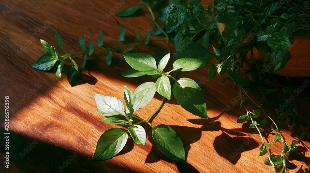 Fototapeta premium Fresh green herb leaves lie on a warm toned wooden surface bathed in sunlight casting soft shadows