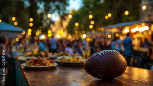 American football on wooden table with plates of food and blurred crowd in background at outdoor event with warm lights