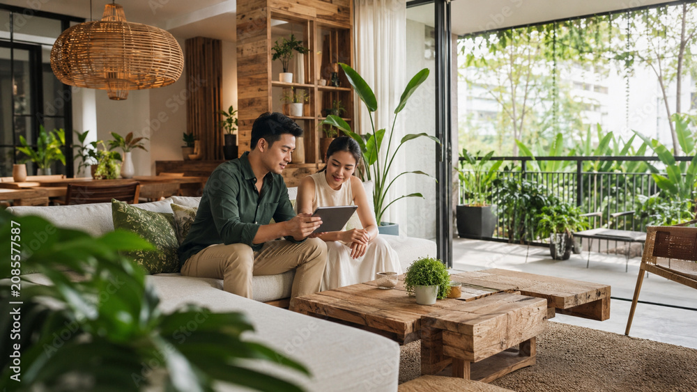 Fototapeta premium Sustainable apartment design consultation using AI energy saving tablet