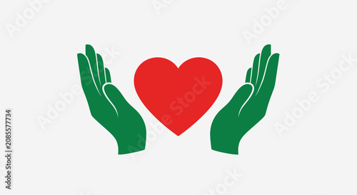 Green hands holding red heart symbol.
