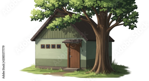 Green house with brown door tree.