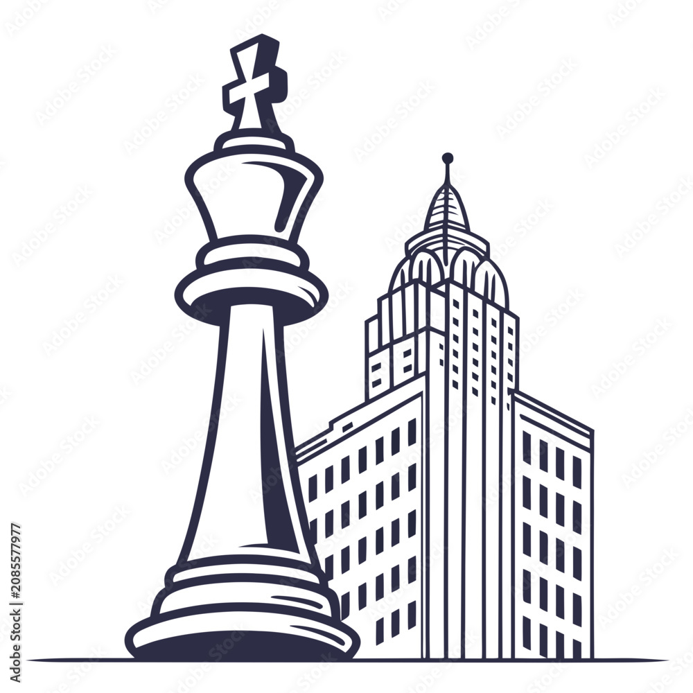 Obraz premium Giant chess king piece, city skyscraper, urban landscape, business strategy vector
