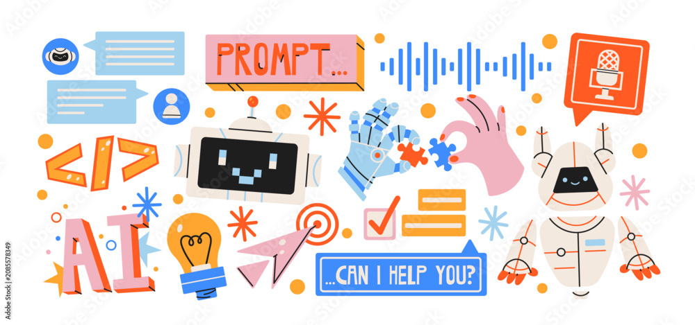 Naklejka premium AI technology sticker set in retro cartoon style. Robot mascot, brain icon, microchip, search screen and interface symbols for digital tools, neural network visuals and creative tech illustration