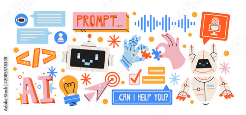 AI technology sticker set in retro cartoon style. Robot mascot, brain icon, microchip, search screen and interface symbols for digital tools, neural network visuals and creative tech illustration