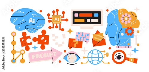 AI technology sticker set in retro cartoon style. Robot mascot, brain icon, microchip, search screen and interface symbols for digital tools, neural network visuals and creative tech illustration