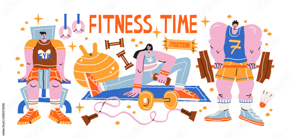 Fototapeta premium Fitness workout characters with gym training, weightlifting, dumbbells, protein nutrition, strength exercises, cardio equipment, healthy lifestyle and active sports cartoon mascots