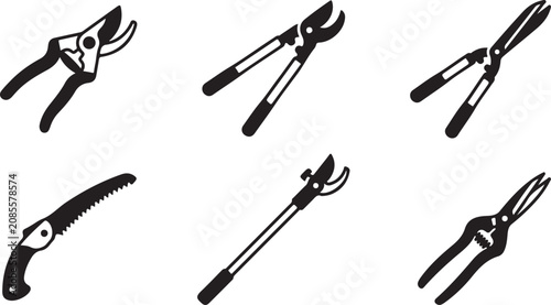 Fotografie Six classic gardening tools set in black and white vector style Vector