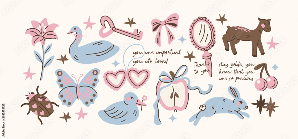 Fototapeta premium Coquette aesthetic stickers with swan, bunny, butterfly, flowers, hearts and vintage accessories, soft feminine romantic elements, dreamy cottagecore lifestyle and whimsical pastel charm