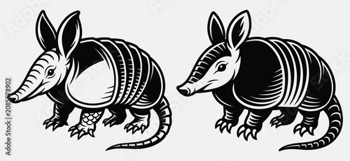 Photos Armadillo Vector Illustration Set, Black and White Armadillo Shell and Long Snou