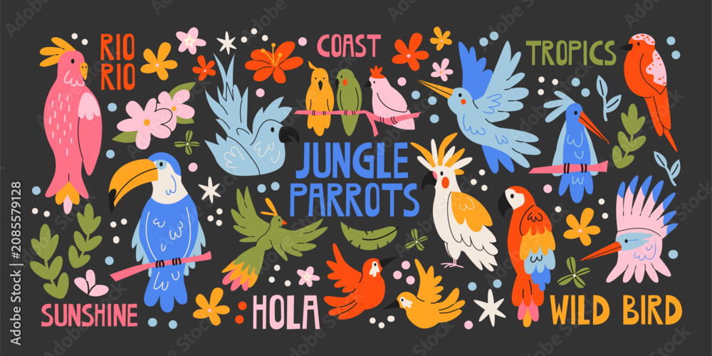 Obraz premium Tropical bird stickers in cartoon style with parrots, toucan, cockatoo, hummingbird and jungle flowers. Exotic rainforest birds, tropical wildlife, island nature, colorful parrots and jungle fauna