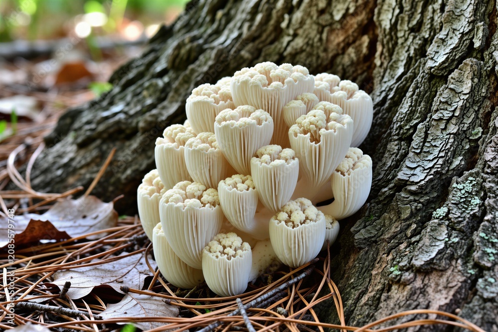 Fototapeta premium Cauliflower mushroom grows on tree base with pine needles and dry leaves. Unique white fungus cluster in forest floor habitat. Edible and medicinal natural wild organism.