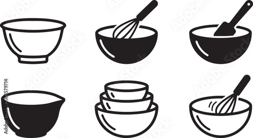 Φωτογραφία Six black and white bowls with cooking utensils in a simple arrangement Vector