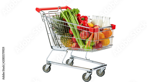 Obraz na plátně Shopping cart filled with fresh fruits and vegetables, milk bottles