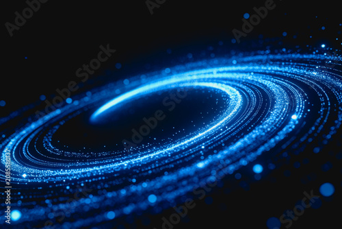 A luminous blue spiral of glowing particles forms a cosmic disk, set against a dark, out-of-focus space background with scattered light dots.