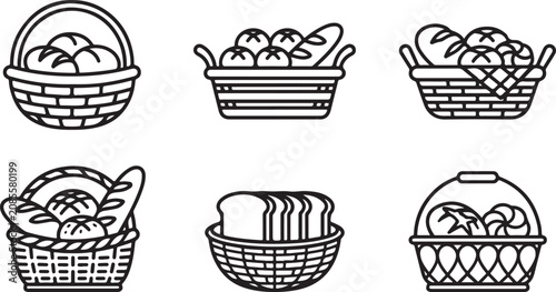 Bild auf Leinwand Assorted breads and pastries in woven baskets illustration Vector