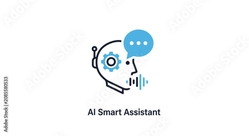 An illustration of a robotic head with a speech bubble and sound waves coming out of it